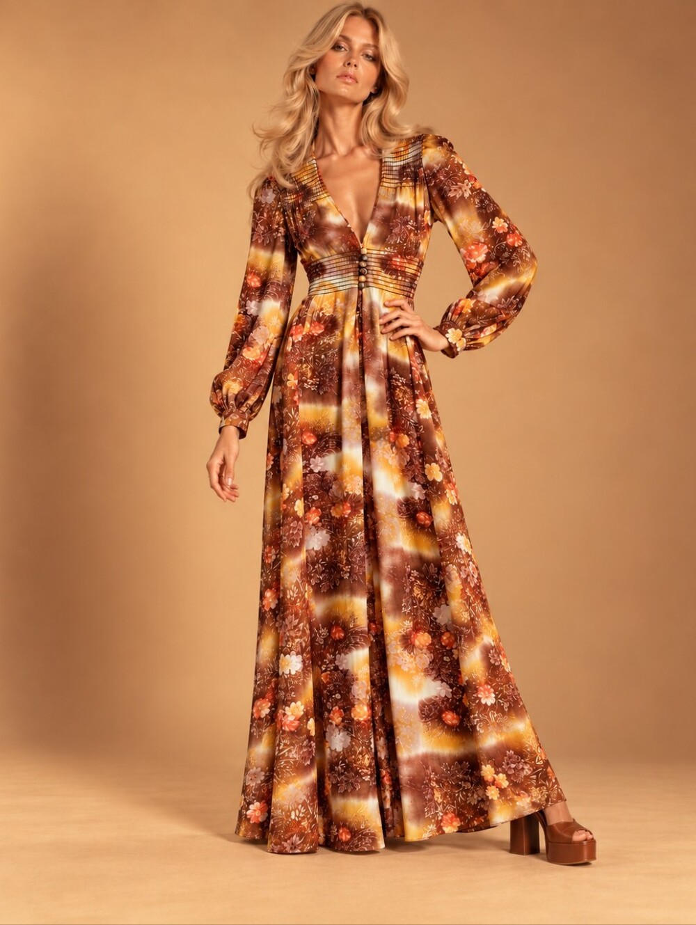 True Vintage 70's Floral Maxi Dress Size XS/S Long Sleeve V Neck